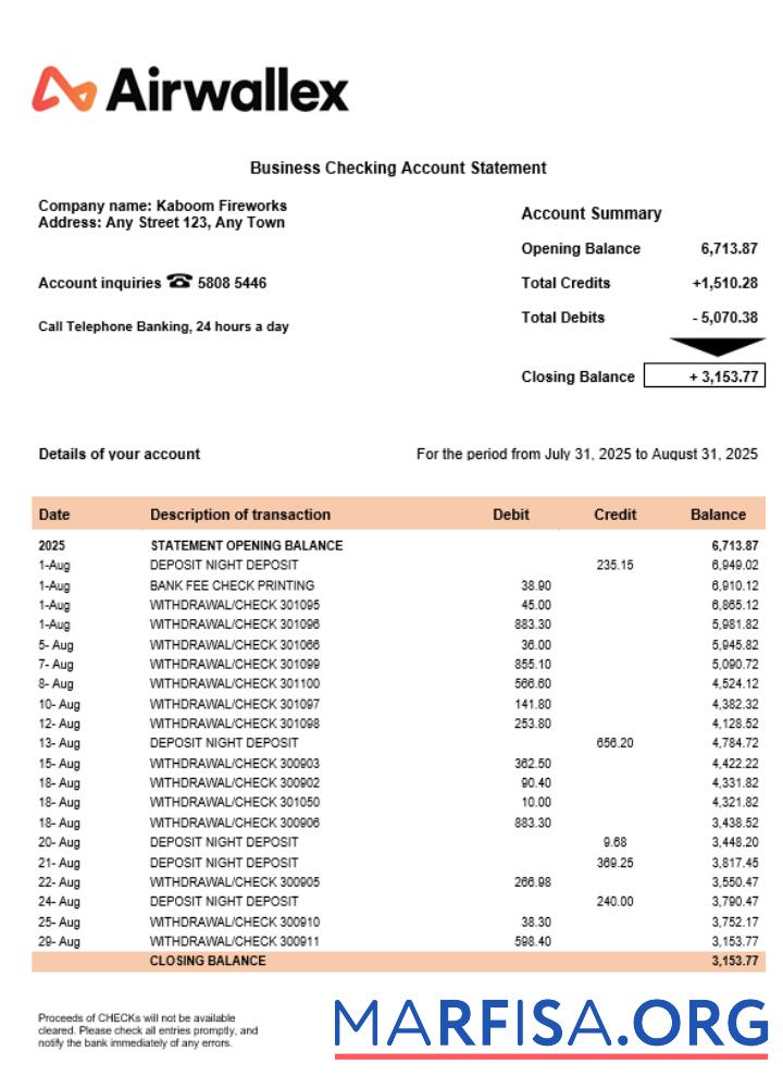 Blank Airwallex Limited organization checking account statement Word and PDF format example